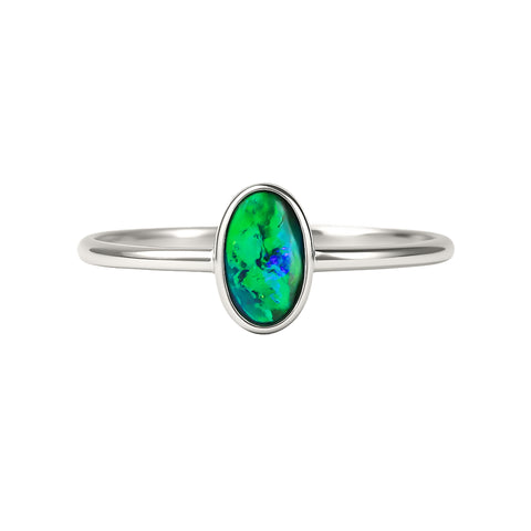 Black Opal Ring in 14K White Gold - Green-Blue
