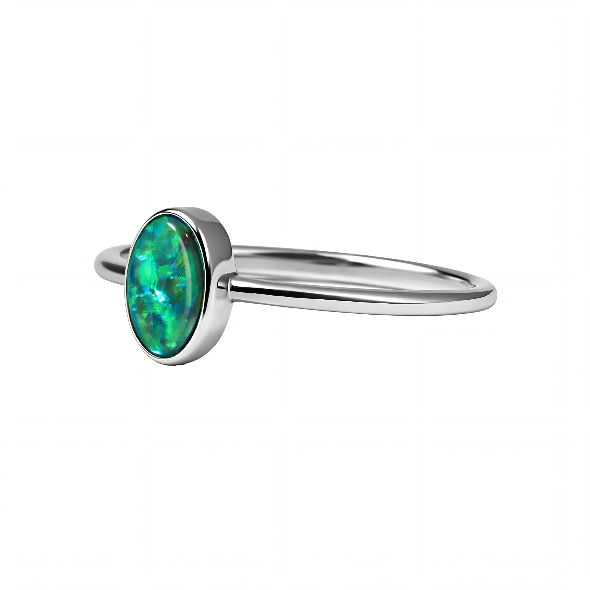 Black Opal Ring in 14K White Gold - Green-Blue - Australian Opal Cutters and Pearl Divers