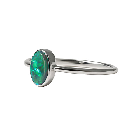 Black Opal Ring in 14K White Gold - Green-Blue