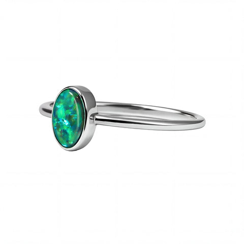 Black Opal Ring in 14K White Gold - Green-Blue - Australian Opal Cutters and Pearl Divers