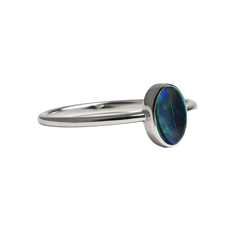 Black Opal Ring in 14K White Gold - Green-Blue