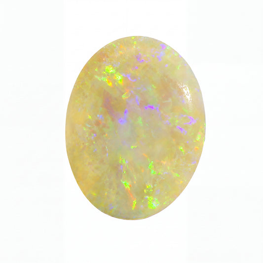 Opal stone with multicoloured play of light on a white background