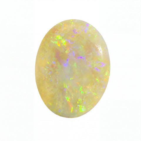 An oval cabochon-cut opal gemstone displaying a milky white base with vibrant, shifting flashes of yellow, green, orange, and purple iridescence, isolated on a solid white background.