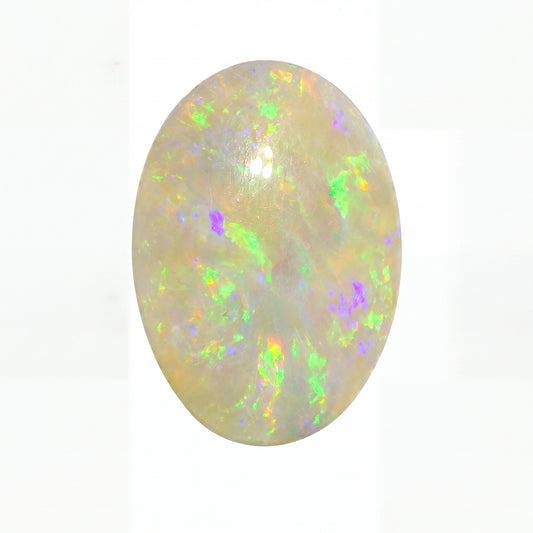 Oval-shaped opal gemstone with multicoloured play of light on a white background