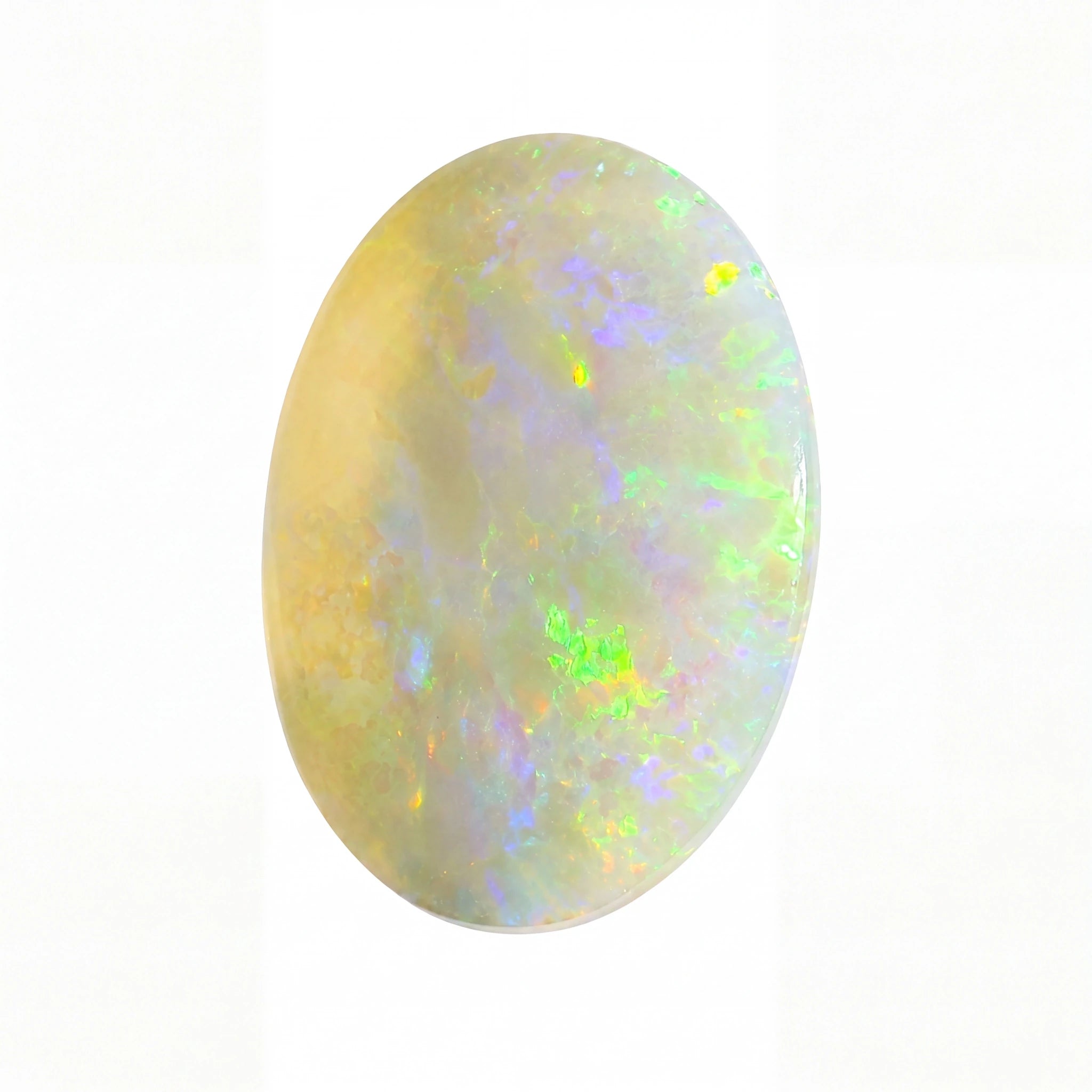 A polished oval cabochon opal gemstone displaying a play-of-colour with iridescent flashes of green, blue, purple, and yellow on a white background.