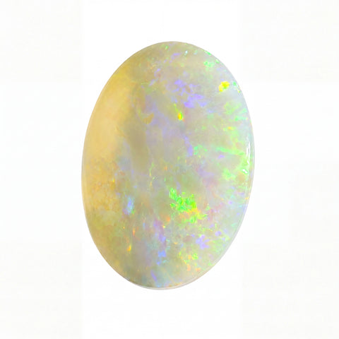 A polished oval cabochon opal gemstone displaying a play-of-colour with iridescent flashes of green, blue, purple, and yellow on a white background.