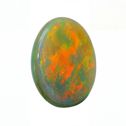 A polished oval cabochon gemstone showing vibrant opal patterns with bright orange, green, and blue flashes on a white background.