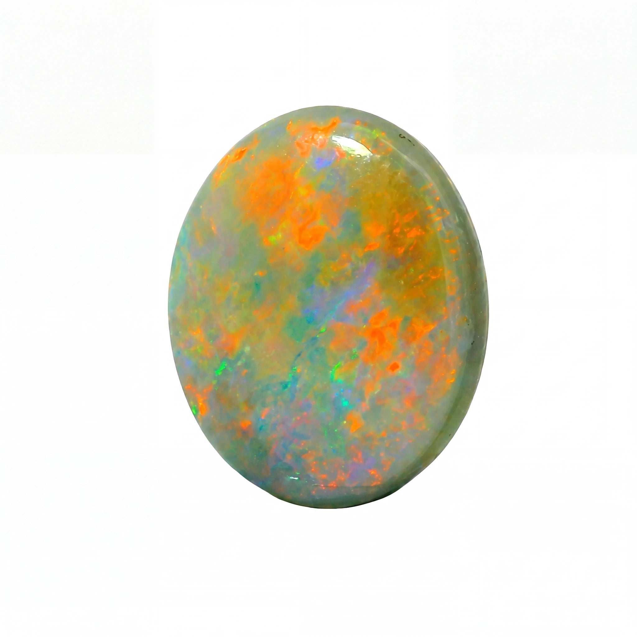 A polished oval cabochon gemstone featuring a mottled play-of-colour pattern with vibrant orange, green, blue, and yellow hues on a pale grey-green base, set against a plain white background.