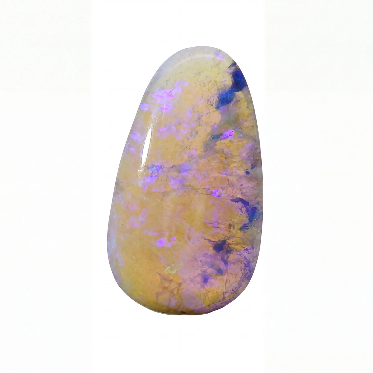 Opal stone with purple and yellow colours on a white background