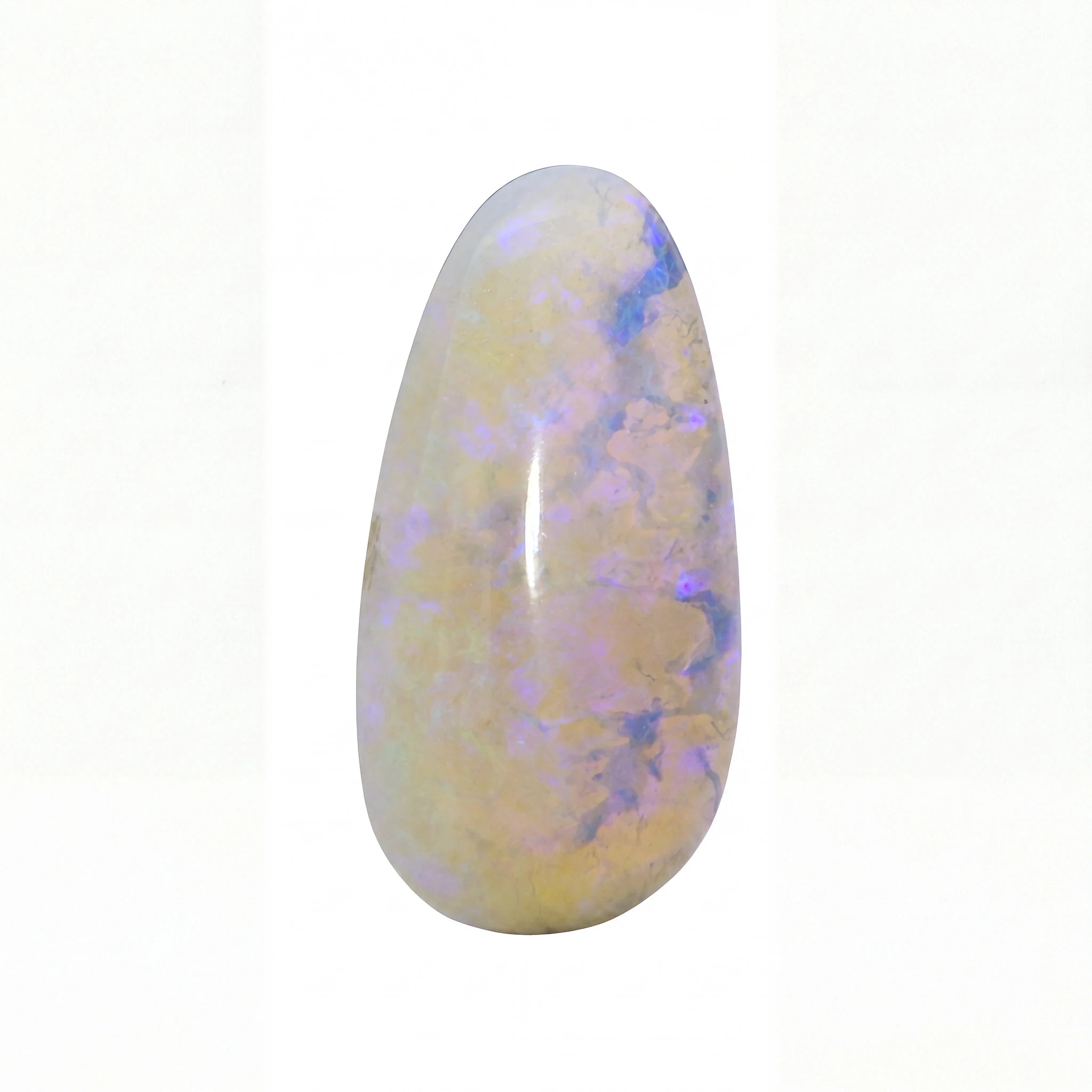 A polished teardrop-shaped opal gemstone with a creamy off-white base and vibrant flashes of blue and purple, set against a plain white background.