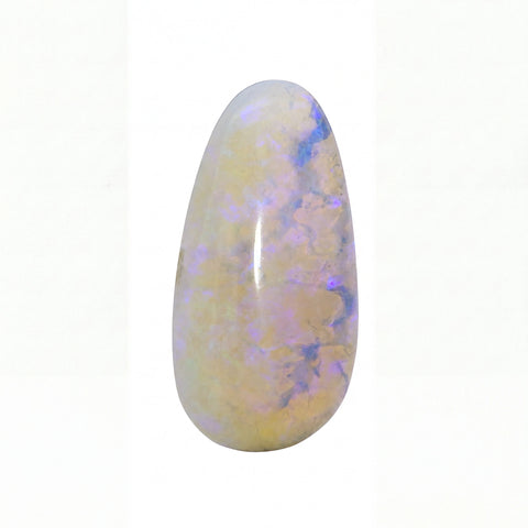 A polished teardrop-shaped opal gemstone with a creamy off-white base and vibrant flashes of blue and purple, set against a plain white background.