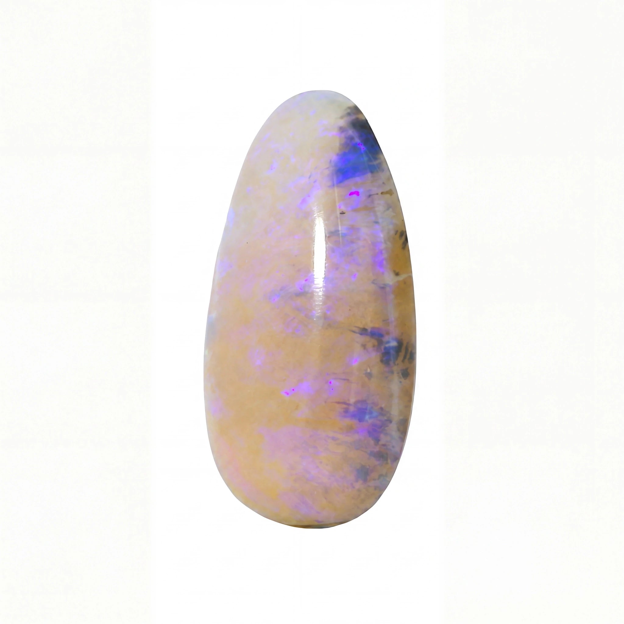 A polished teardrop-shaped opal gemstone with a creamy beige base and vibrant purple, blue, and pink flashes, set against a plain white background.