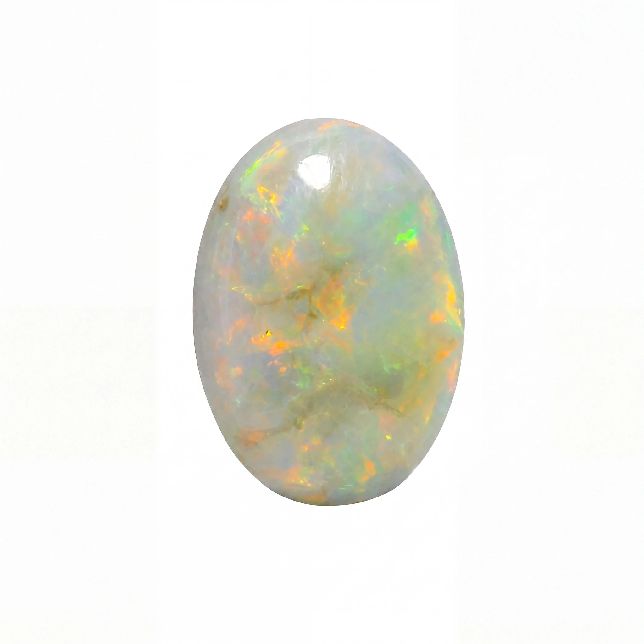 Opal stone with multicoloured play of colours on a white background