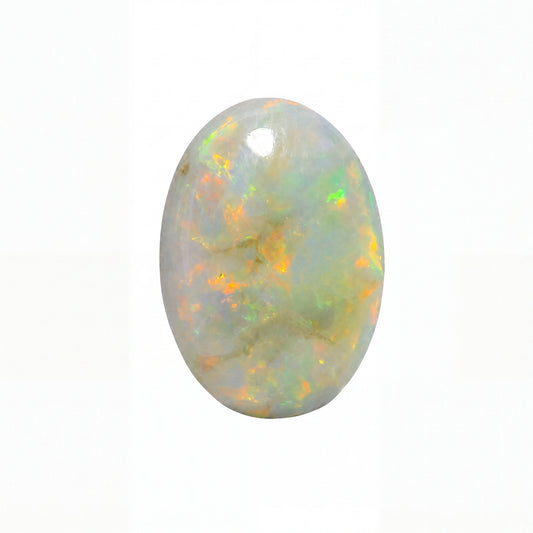 Opal stone with multicoloured play of colours on a white background