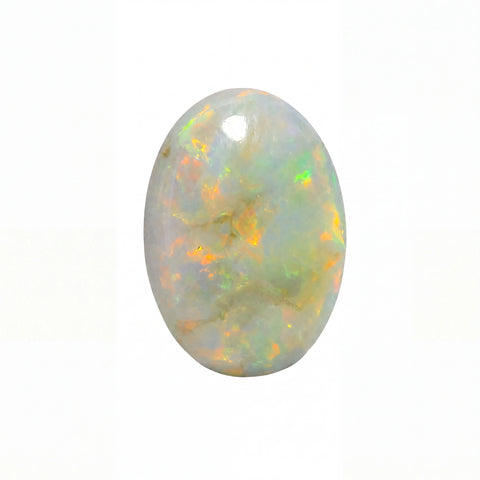 Opal stone with multicoloured play of colours on a white background