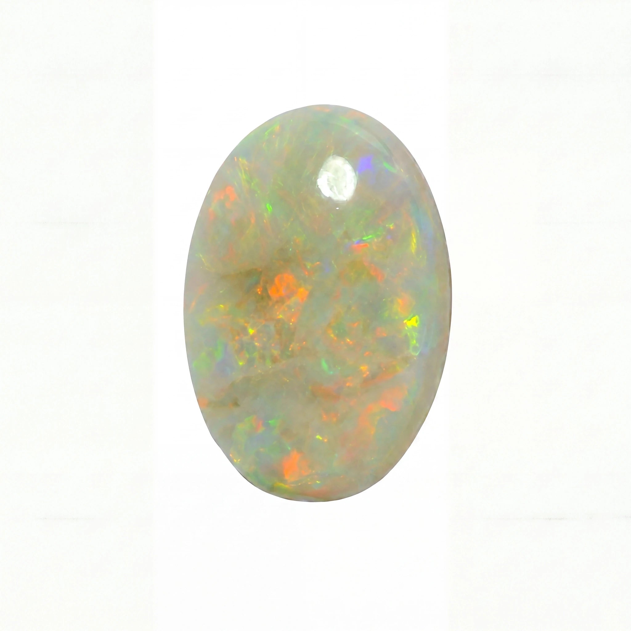 An oval cabochon opal gemstone displaying a play-of-colour with white, grey, and vibrant flashes of orange, green, and blue, set against a plain white background.