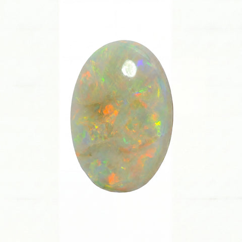An oval cabochon opal gemstone displaying a play-of-colour with white, grey, and vibrant flashes of orange, green, and blue, set against a plain white background.