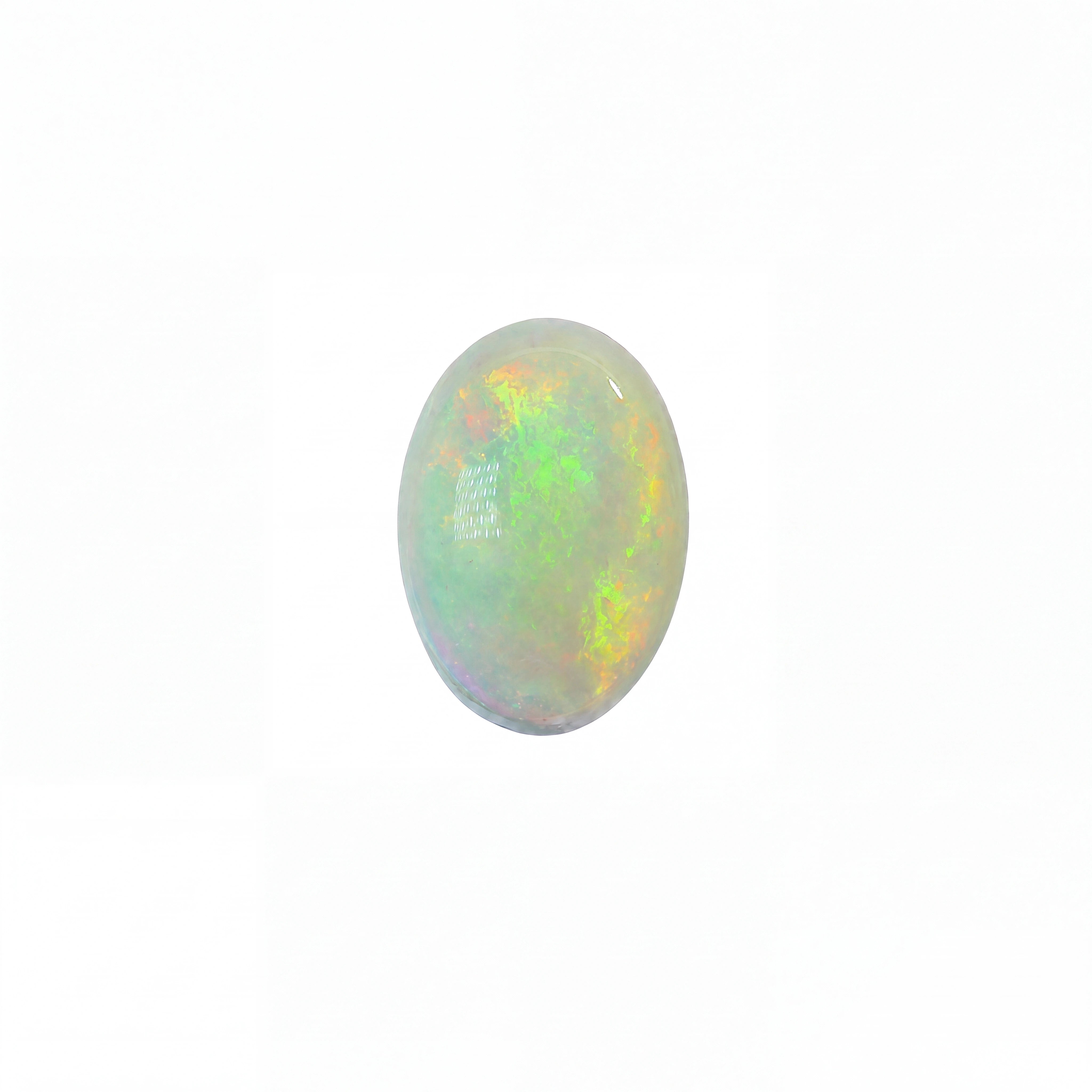 An oval cabochon gemstone featuring a vibrant play-of-colour with bright yellow, orange, red, and blue hues, set against a solid black background.