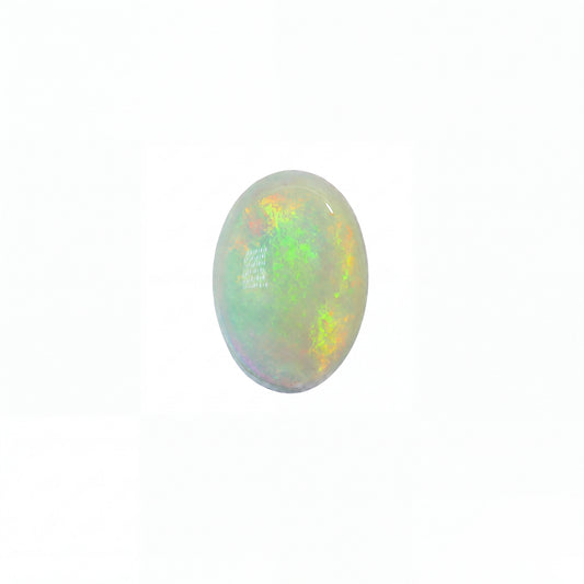 An oval cabochon gemstone featuring a vibrant play-of-colour with bright yellow, orange, red, and blue hues, set against a solid black background.