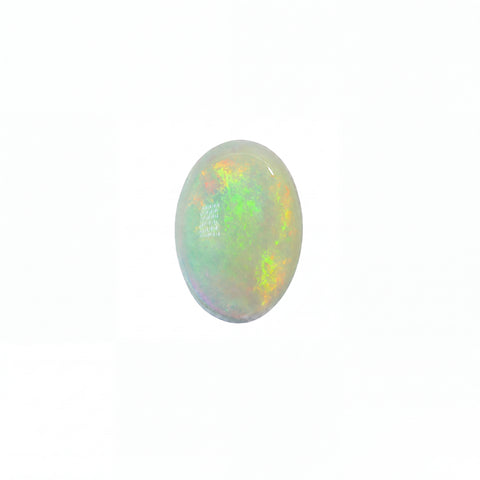 An oval cabochon gemstone featuring a vibrant play-of-colour with bright yellow, orange, red, and blue hues, set against a solid black background.