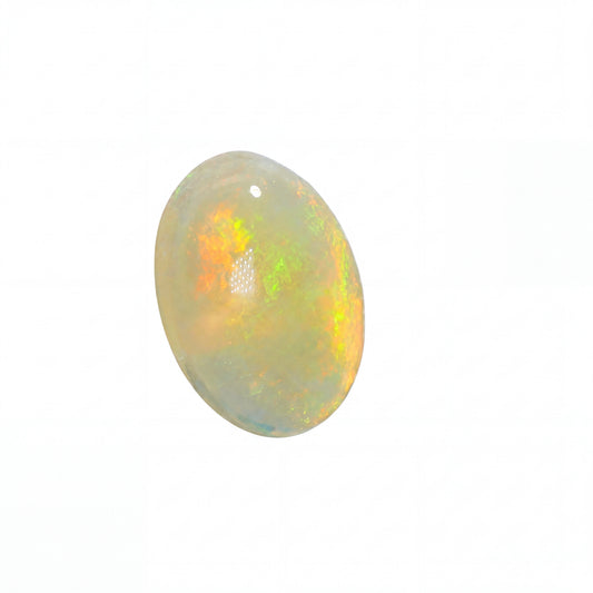 An oval cabochon gemstone featuring a vibrant iridescent play-of-colour with yellow, orange, and blue hues on a dark base, set against a plain white background.