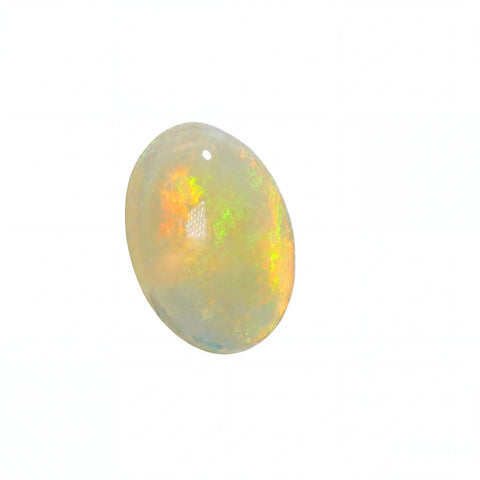 An oval cabochon gemstone featuring a vibrant iridescent play-of-colour with yellow, orange, and blue hues on a dark base, set against a plain white background.