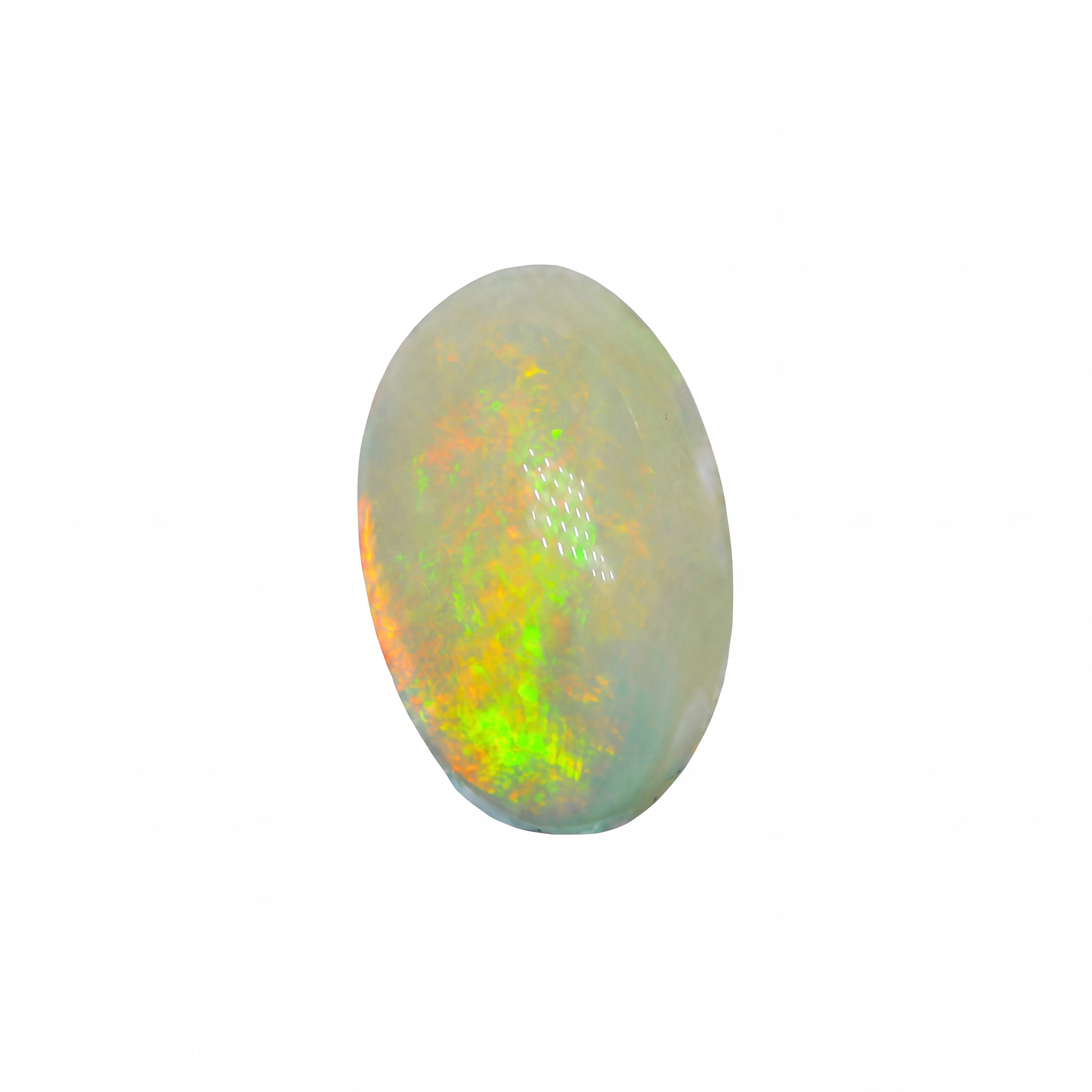 A polished oval cabochon gemstone showing a play-of-colour iridescent surface with green, orange, and pale blue tones on a white background.
