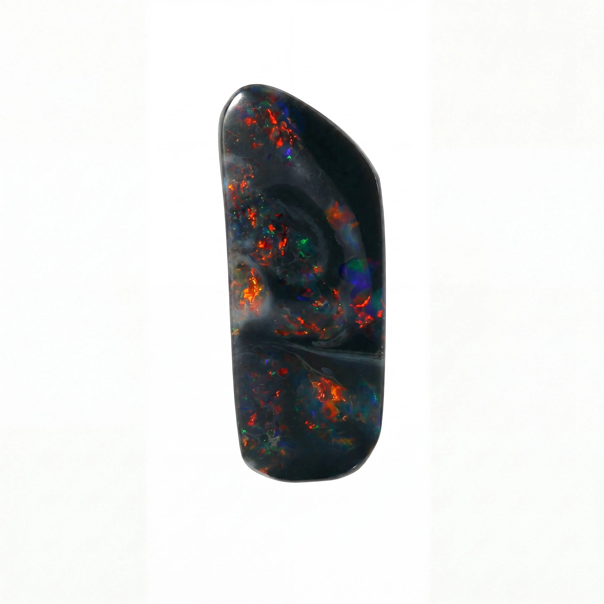 A polished black opal gemstone cabochon with vibrant iridescent flashes of orange, red, blue, and green, shown on a plain white background.