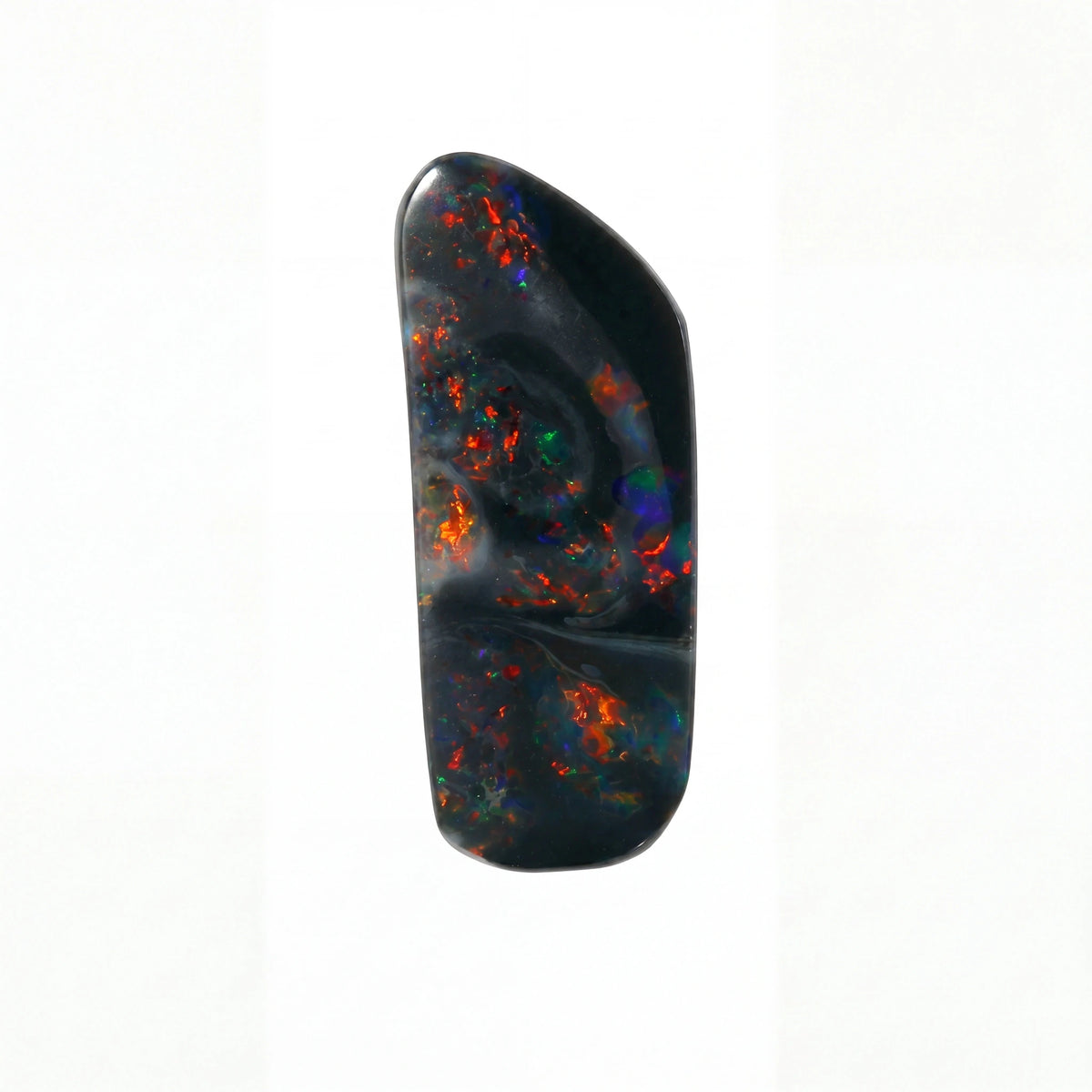 A polished black opal gemstone cabochon with vibrant iridescent flashes of orange, red, blue, and green, shown on a plain white background.