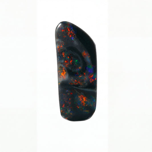 Polished opal stone with colourful inclusions on a white background