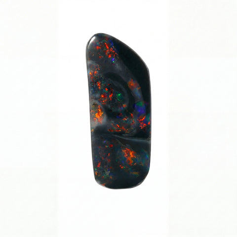 A polished black opal gemstone cabochon with vibrant iridescent flashes of orange, red, blue, and green, shown on a plain white background.