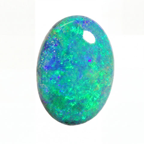 Oval-shaped opal stone with vibrant green and blue colours on a white background