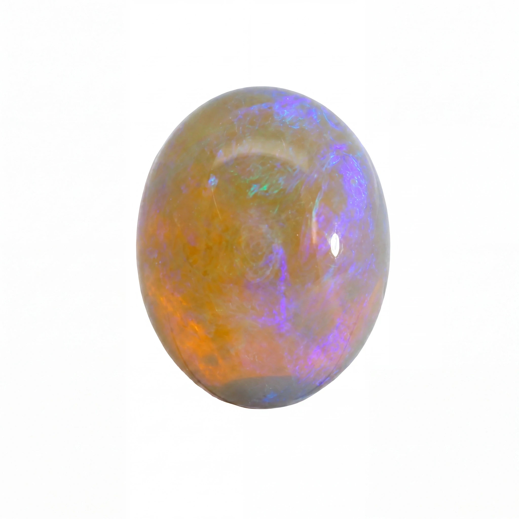 A polished oval cabochon gemstone showing vibrant iridescent play-of-colour with orange, purple, blue, and green hues on a plain white background.