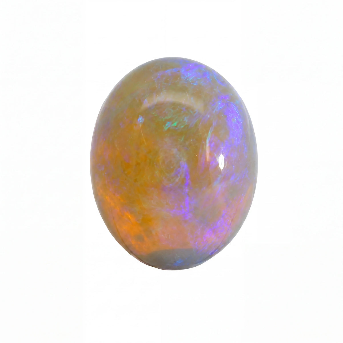 A polished oval cabochon gemstone showing vibrant iridescent play-of-colour with orange, purple, blue, and green hues on a plain white background.