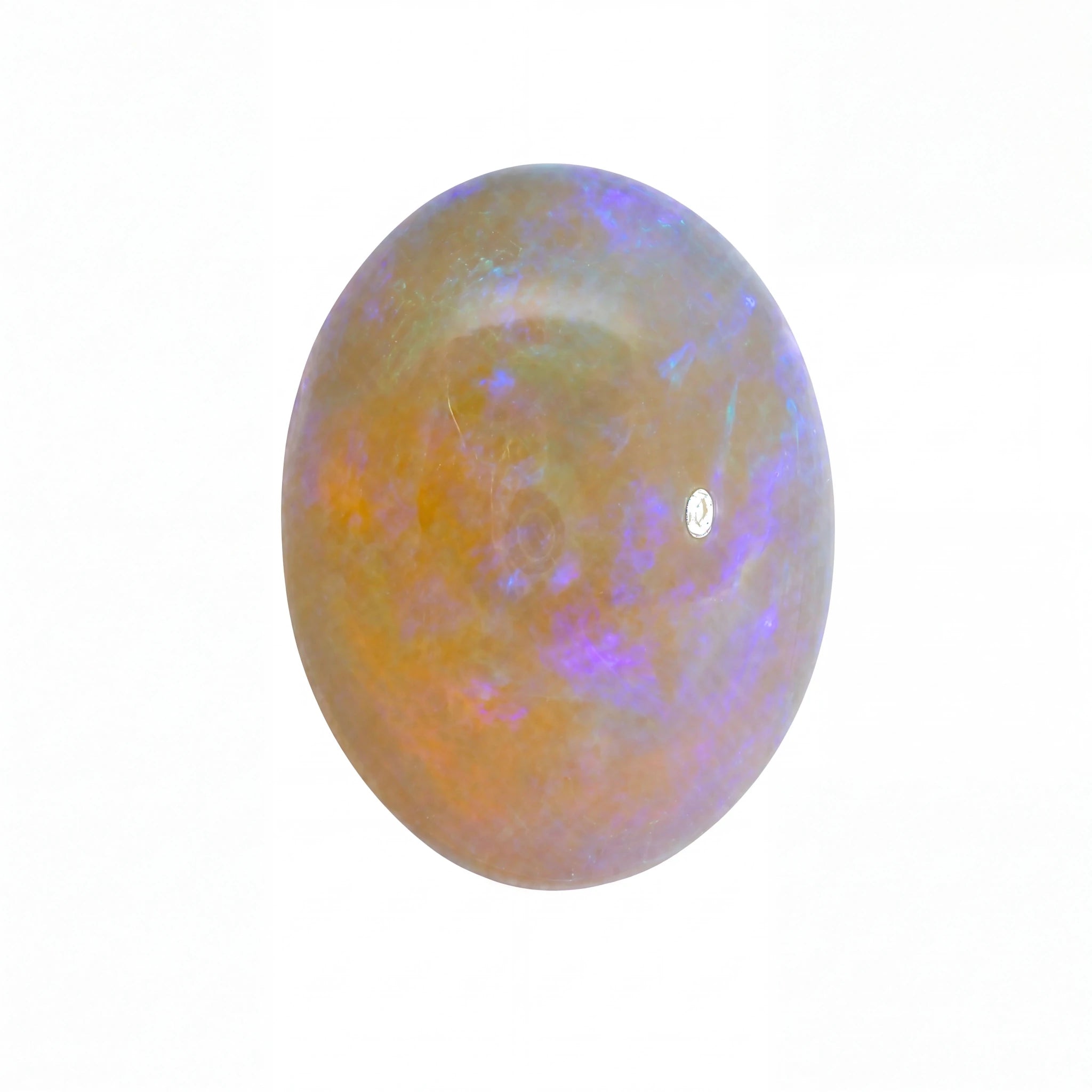 A polished oval cabochon gemstone showing a play-of-colour with orange, purple, and blue hues on a plain white background.