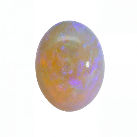 A polished oval cabochon gemstone showing a play-of-colour with orange, purple, and blue hues on a plain white background.