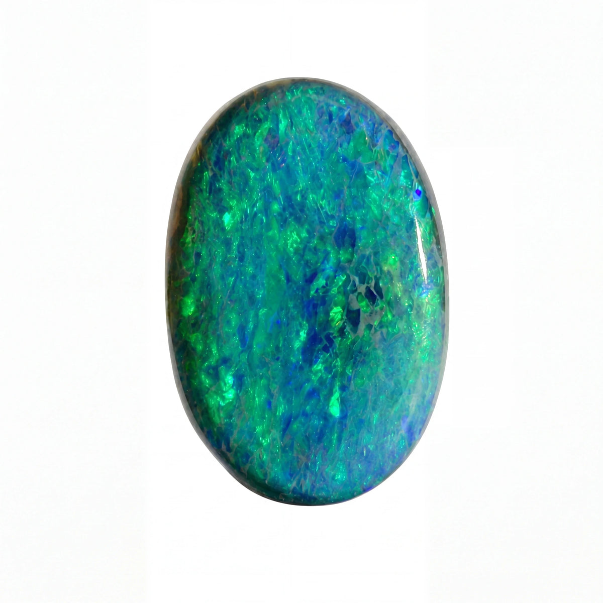 Oval-shaped opal stone with green and blue colours on a white background