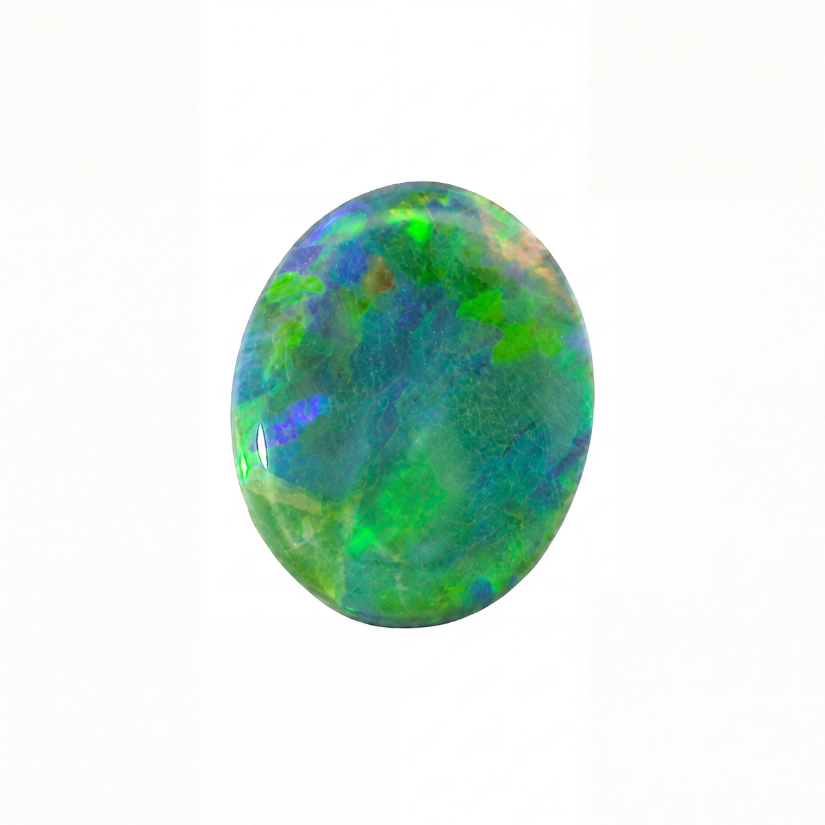 A polished oval opal gemstone with vibrant green, blue, and purple play-of-colour, set against a plain white background.