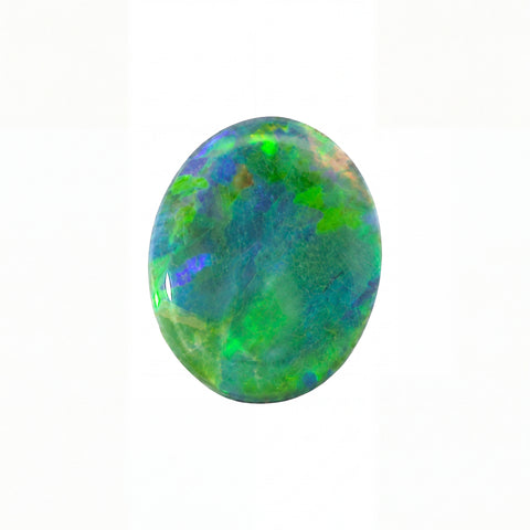 A polished oval opal gemstone with vibrant green, blue, and purple play-of-colour, set against a plain white background.