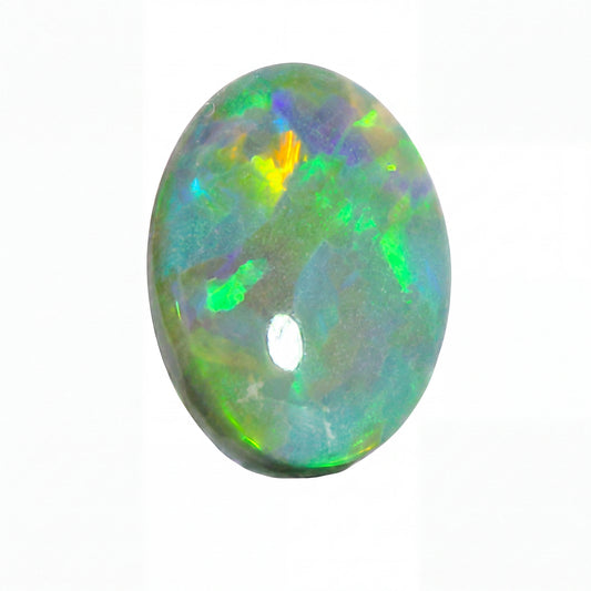 Oval-shaped opal gemstone with multicolour play on a white background