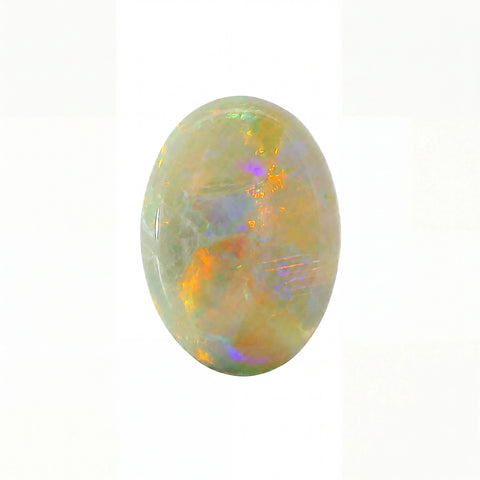 A single oval cabochon gemstone with a play-of-colour pattern featuring orange, green, purple, and blue hues on a white background.