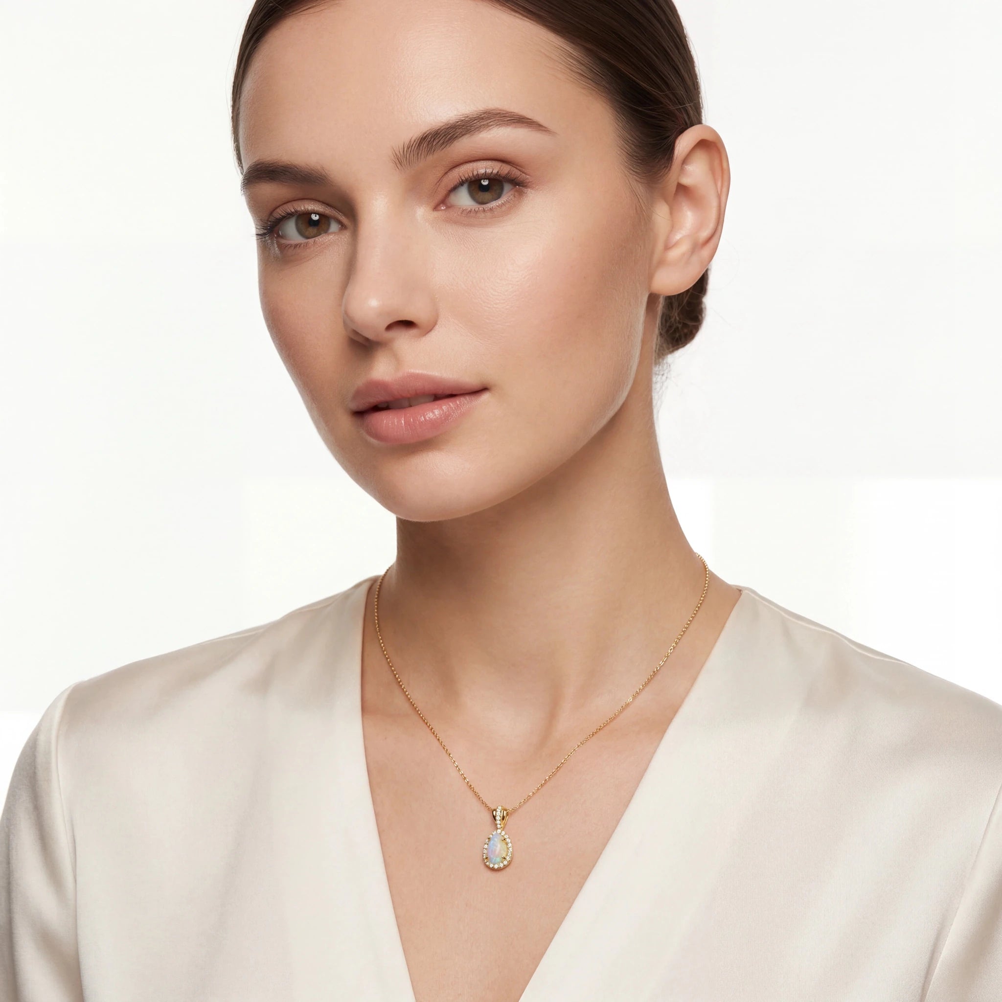 Woman wearing a gold necklace with an opal pendant on a plain background