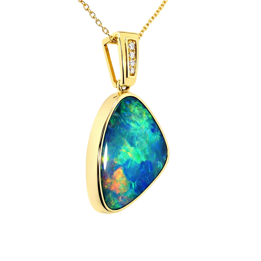 Doublet Opal Pendant in 14K Yellow Gold - Multicolour - Australian Opal Cutters and Pearl Divers