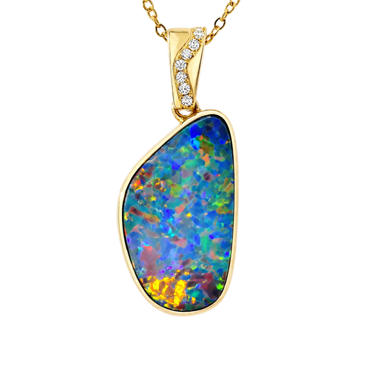 Doublet Opal Pendant in 14K Yellow Gold - Multicolour - Australian Opal Cutters and Pearl Divers