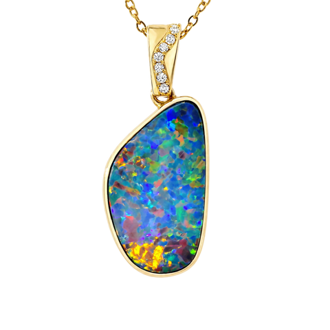 Doublet Opal Pendant in 14K Yellow Gold - Multicolour - Australian Opal Cutters and Pearl Divers