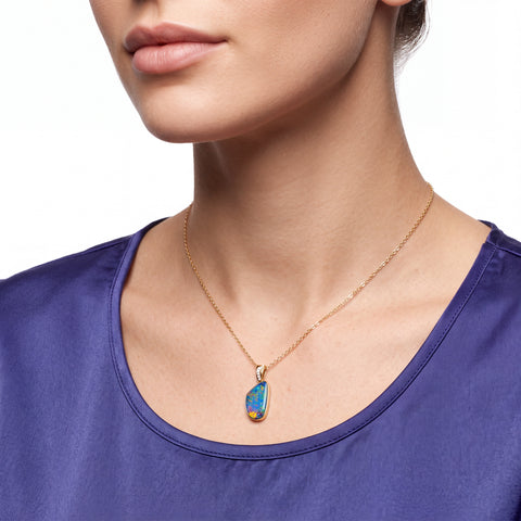 Doublet Opal Pendant in 14K Yellow Gold - Multicolour - Australian Opal Cutters and Pearl Divers