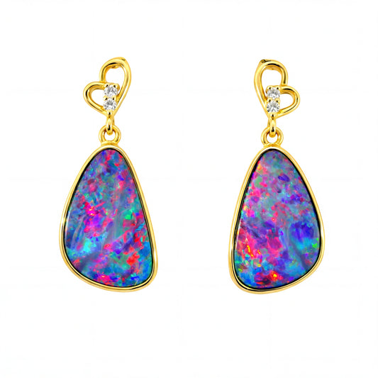 Doublet Opal Earrings in 14K Yellow Gold (Multicolour)