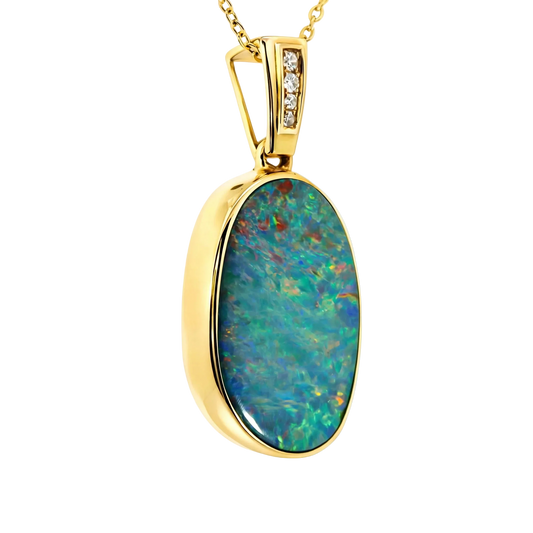 Doublet Opal Pendant in 14K Yellow Gold - Multicolour - Australian Opal Cutters and Pearl Divers