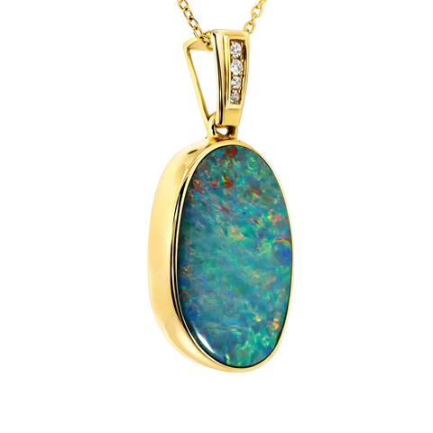 Doublet Opal Pendant in 14K Yellow Gold - Multicolour - Australian Opal Cutters and Pearl Divers