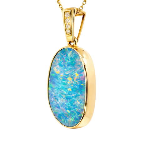 Doublet Opal Pendant in 14K Yellow Gold - Multicolour - Australian Opal Cutters and Pearl Divers